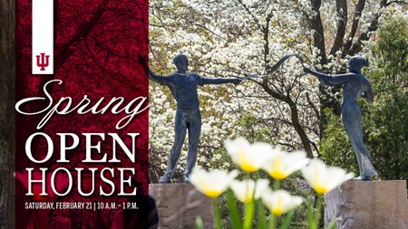 Image of statue on IU South Bend campus with text Spring Open House Saturday, February 21, 10 AM - 1 PM