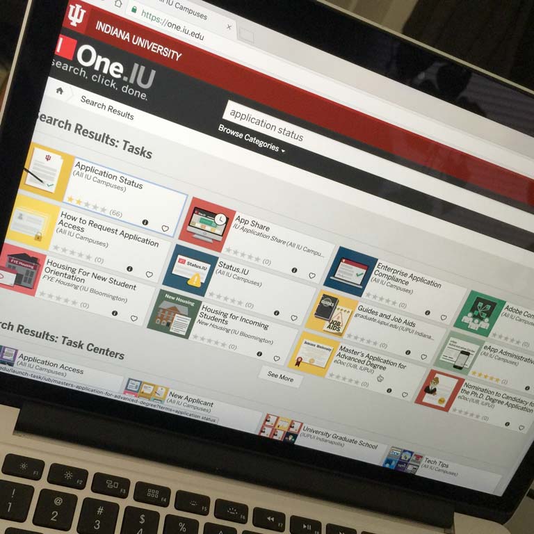 application status is typed into the search bar at the top of the one.iu homescreen